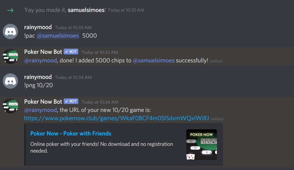 Basic interation with the Discord Poker Now bot