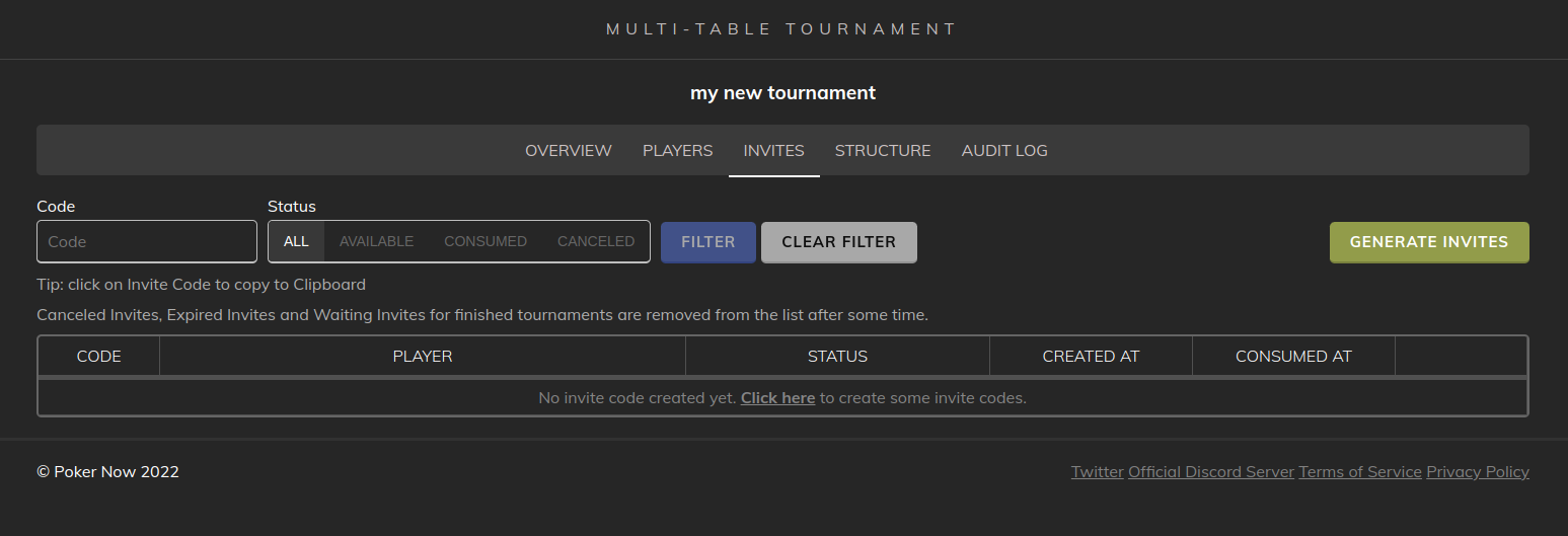 Poker Now Multi-Table Tournament Dashboard Invites List